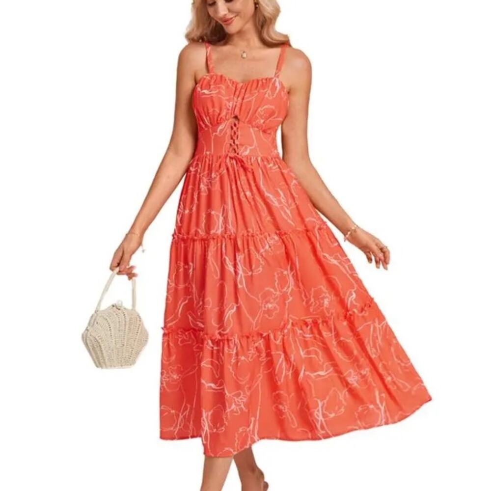 NWT Grace Karin Red Floral Boho Maxi Sundress Lace Up Pockets Medium
